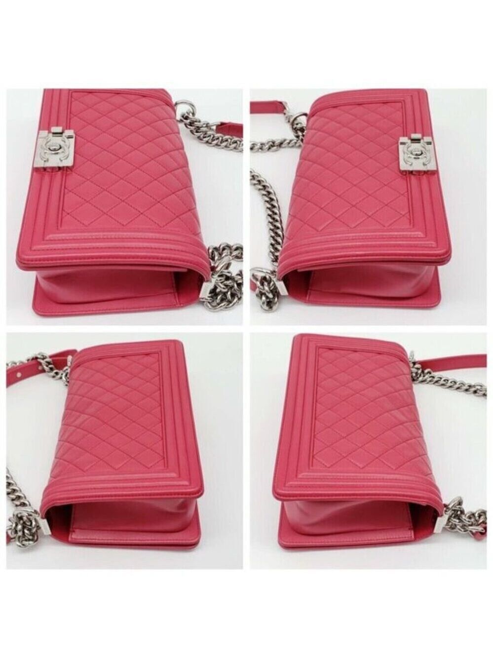 Authentic Chanel Boy Bag Red Quilted Leather Medium Flap Silver Chain CC Logo - Picture 9 of 16